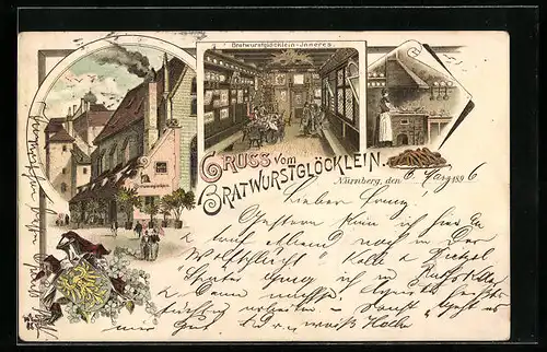 Lithographie Nürnberg, Bratwurstglöcklein innen und aussen, Stadtwappen