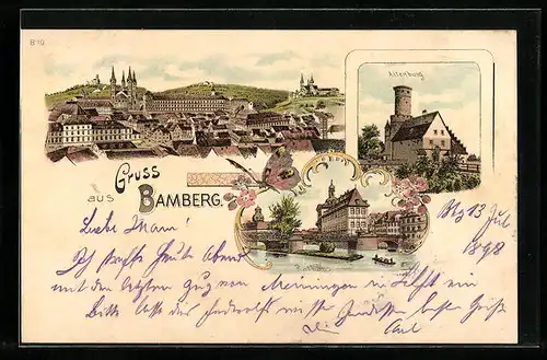 Lithographie Bamberg, Altenburg, Rathaus, Gesamtansicht