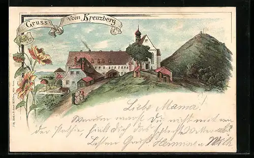 Lithographie Bischofsheim / Rhön, Kloster Kreuzberg mit Gipfelkreuz in der Ferne