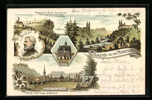 Lithographie Staffelstein, Ortsansicht mit Rathaus und Staffelberg