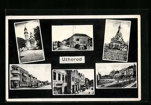 AK Uzhorod, Strassenpartie mit Geschäften, Kirche, Denkmal