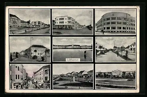 AK Uzhorod, Strassenpartie mit Geschäften, Denkmal, Ortspartie