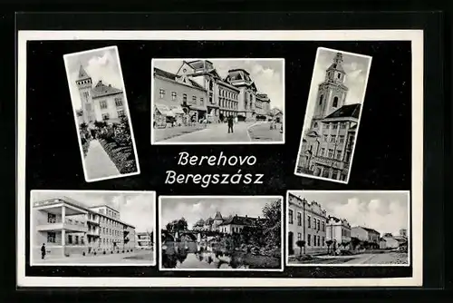 AK Berehovo, Strassenpartie mit Geschäft, Gebäudeansicht, Brücke