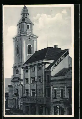 AK Beregszasz, Strassenpartie mit Kirche und Legiobanka