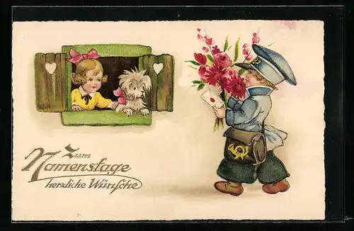 AK Kleiner Postbote überbringt Blumen und Brief