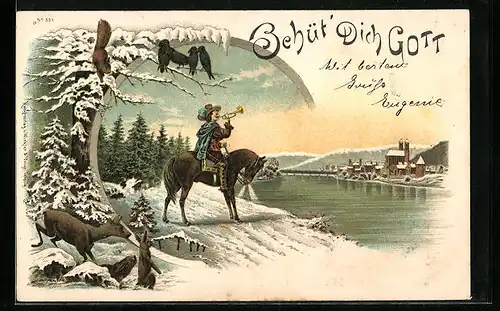 Lithographie Behüt Dich Gott!, Mann auf einem Pferd