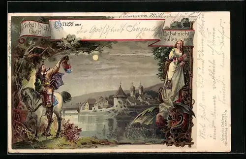 Lithographie Behüt Dich Gott!, Mann verabschiedet sich von Frau