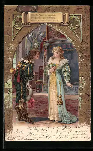 Präge-Lithographie Trompeter von Säckingen begegnet der Geliebten