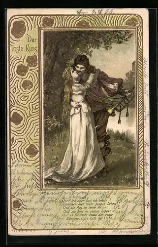 Lithographie Trompeter von Säckingen beim ersten Kuss