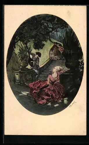 AK Paare auf einem Faschingsfest im nächtlichen Garten, Art Deco