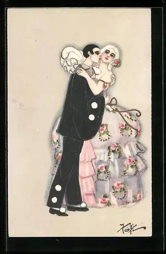 AK Kavalier beim Tanz mit Dame im Reifrock mit Blumenmuster, Art Deco