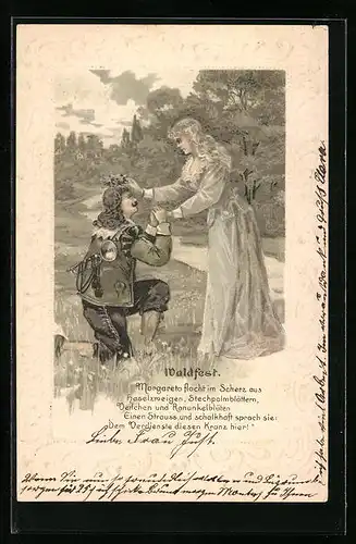 Präge-Lithographie Trompeter von Säckingen mit Margareta im Wald