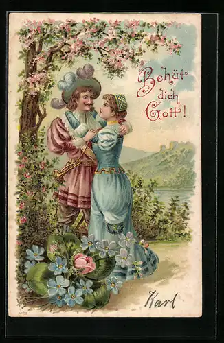 Präge-Lithographie Trompeter von Säckingen mit der Geliebten, Behüt Dich Gott!