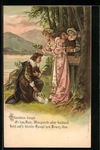 Präge-Lithographie Trompeter von Säckingen beugt das Knie