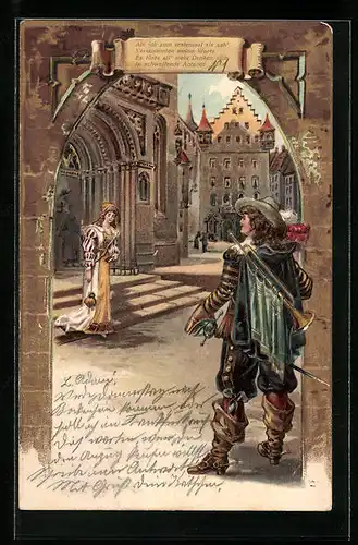 Präge-Lithographie Trompeter von Säckingen und Geliebte auf Kirchentreppe