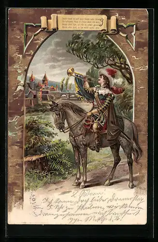 Präge-Lithographie Trompeter von Säckingen bläst vor der Burg, Behüt Dich Gott!