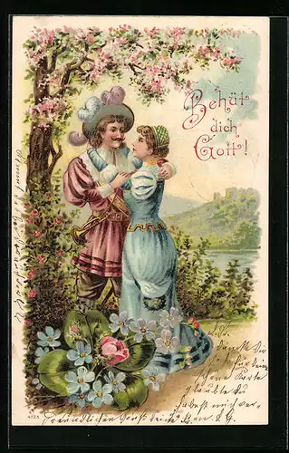 Präge-Lithographie Trompeter von Säckingen umarmt seine Geliebte, Behüt Dich Gott!