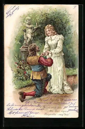 Präge-Lithographie Trompeter von Säckingen und Geliebte vor Amor-Statue