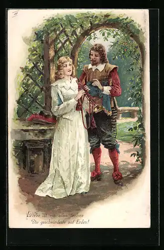 Präge-Lithographie Trompeter von Säckingen und Geliebte mit Trompete