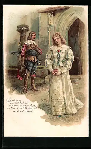 Präge-Lithographie Trompeter von Säckingen bei der ersten Begegnung mit Geliebter