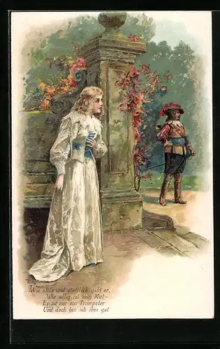 Präge-Lithographie Margarete beobachtet den Trompeter von Säckingen