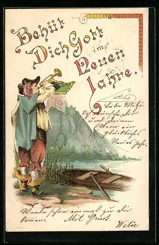 Lithographie Behüt Dich Gott im neuen Jahre!, Trompeter von Säckingen am Flussufer