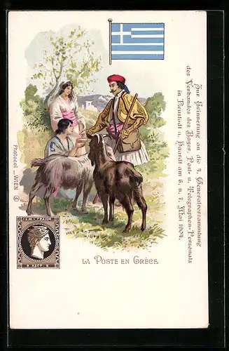 Lithographie Brief, Landesflagge, Griechenland, Postbote in Tracht mit zwei Ziegen