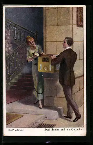 Künstler-AK v. Erlang: Zwei Seelen und ein Gedanke, Briefkasten