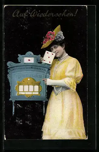 AK Junge Dame wirft einen Brief in einen Briefkasten