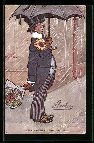AK Mann mit Blumenstrauss wartet auf Frau im Regen