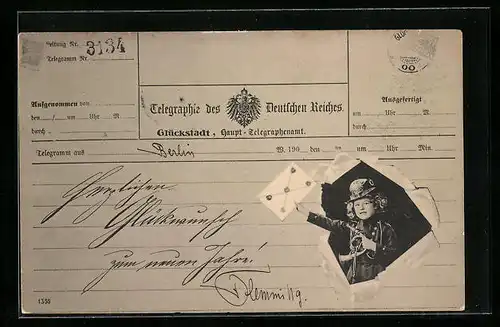 AK Glückstadt, Telegramm mit Bild eines weiblichen Postillons