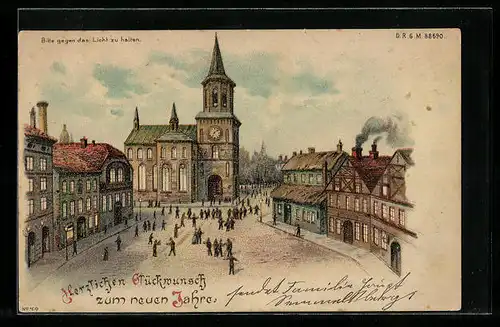 Lithographie Marktplatz mit Kirche und Passanten, Neujahrsgruss, Halt gegen das Licht