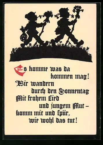 AK Knaben auf Wanderschaft, Scherenschnitt