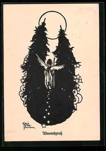 AK Engel zwischen Tannenbäumen, Scherenschnitt