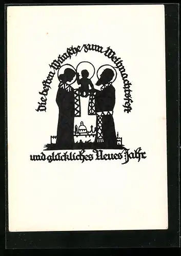 AK Maria und Josef mit dem Jesuskind, Scherenschnitt