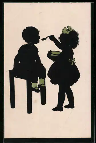 AK Mädchen füttert einen Jungen, Scherenschnitt