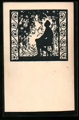 AK Junger Mann blickt verträumt auf Blumenranken, Scherenschnitt