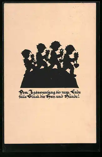 AK Kinder mit Herzen in den Händen, Scherenschnitt