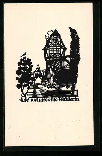 AK Mühle mit Mühlrad und Müllerin auf der Brücke, Scherenschnitt