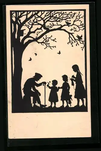 AK Mädchen beschenken einen alten Mann, Scherenschnitt