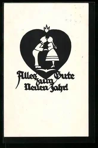 AK Paar küsst sich zum neuen Jahr, Scherenschnitt