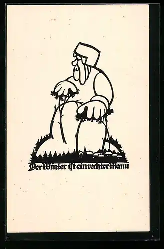 AK Der Winter als Mann über einem Dorf, Scherenschnitt