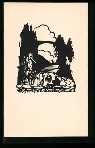 AK Wassermann freit eine junge Frau, Scherenschnitt