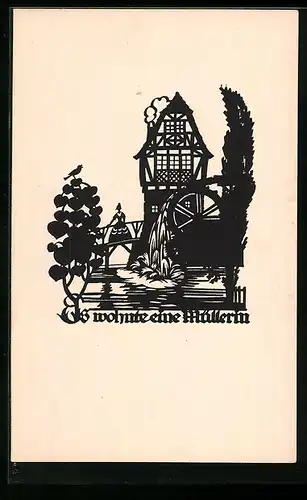 AK Mühle mit Mühlrad und Müllerin, Scherenschnitt