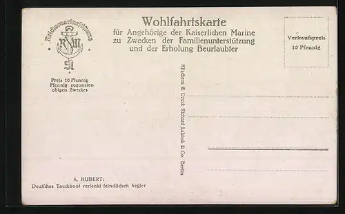 Künstler-AK Deutsches U-Boot versenkt feindlichen Segler