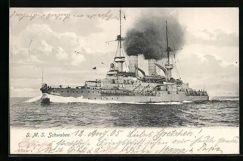 AK Kriegsschiff SMS Schwaben bei voller Fahrt