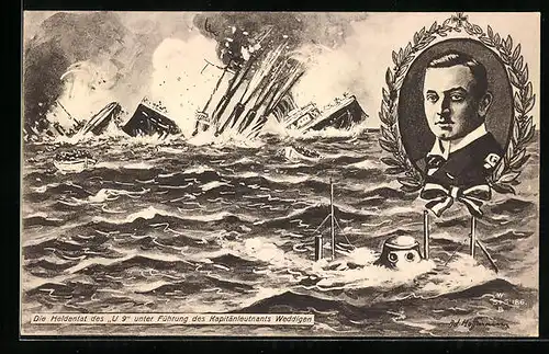 Künstler-AK Ad. Hoffmann: U-Boot-Schlacht unter Führung des Kapitänleutnants Weddigen, U-Boot U9