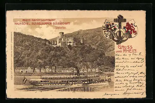 AK Rhein-Dampfschiffahrt, Kölnische und Düsseldorfer Gesellschaft, Dampfer Overstolz, Stolzenfels, Wappen
