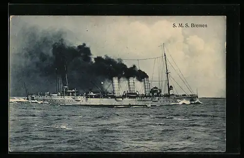 AK Kriegsschiff SMS Bremen macht Fahrt