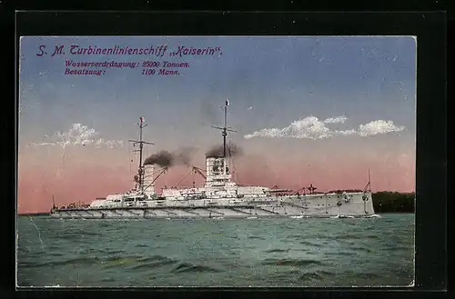 AK Kriegsschiff SM Turbinenlinienschiff Kaiserin vor Küste